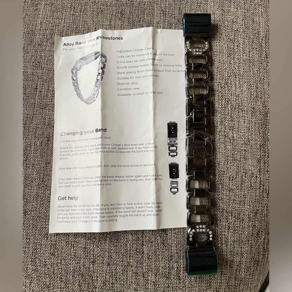 Alloy Black Adjustable Watchband with Rhinestones for Fitbit Charge 2 NEW in Pkg